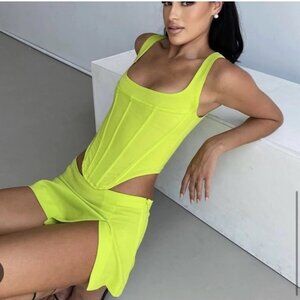 NWT Miaou Campbell Corset and Micro Skirt SET Neon Green Lime Small Rare NEW